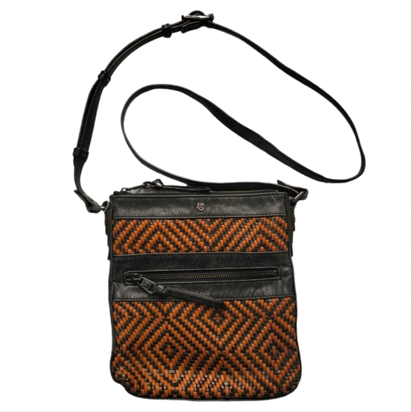 Elliott Lucca 8x9 Leather Crossbody Bag Brown Black Weave - Picture 1 of 6